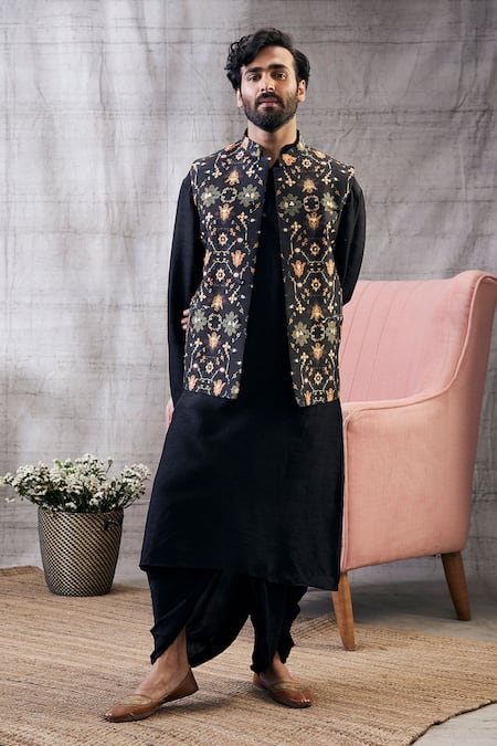 Buy_Soup By Sougat Paul_Black Silk Geometric Print Bundi And Kurta Dhoti Pant Set _Online_at_Aza_Fashions
