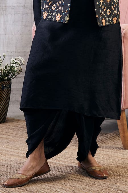 Shop_Soup By Sougat Paul_Black Silk Geometric Print Bundi And Kurta Dhoti Pant Set _Online_at_Aza_Fashions