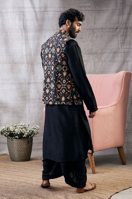 Soup By Sougat Paul_Black Silk Geometric Print Bundi And Kurta Dhoti Pant Set _at_Aza_Fashions