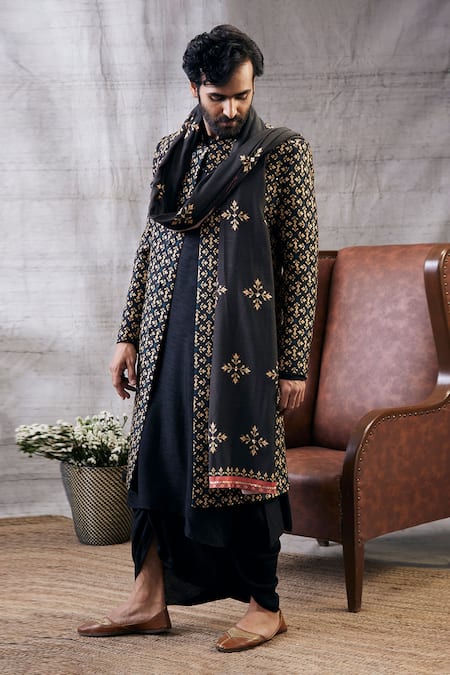 Soup By Sougat Paul_Black Silk Embroidery Zahra Geometric Print Longline Jacket And Kurta Set _Online_at_Aza_Fashions