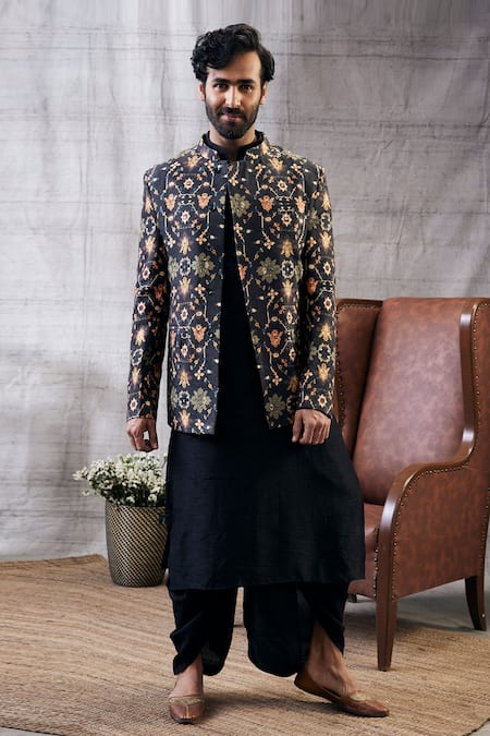 Soup By Sougat Paul_Black Silk Zahra Geometric Print Jacket And Kurta Set _Online_at_Aza_Fashions