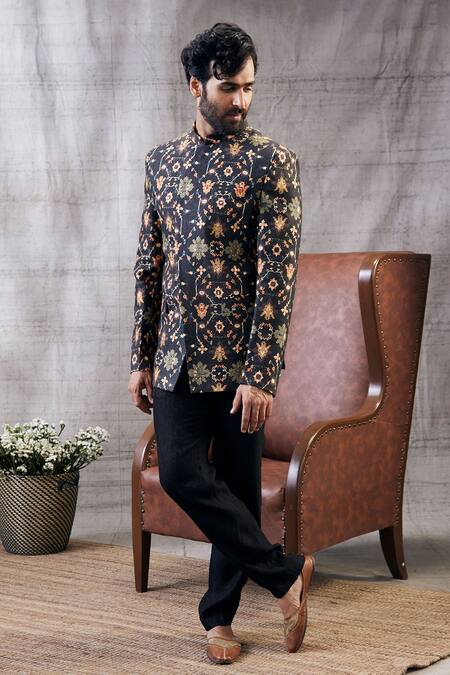 Soup By Sougat Paul_Black Muslin Embroidery Zahra Geometric Print Bandhgala And Kurta Set _Online_at_Aza_Fashions