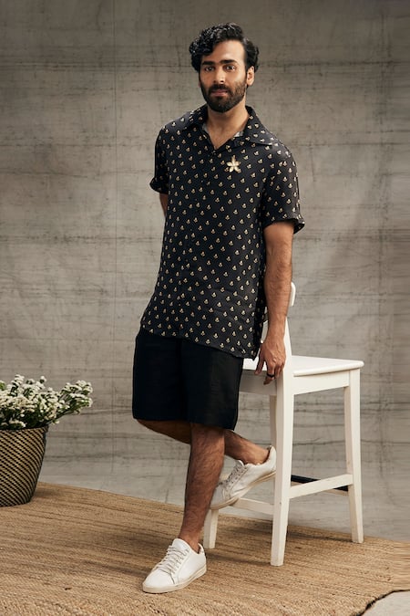 Buy_Soup By Sougat Paul_Black Twill Embroidery Zahra Motif Print Shirt With Shorts _Online_at_Aza_Fashions