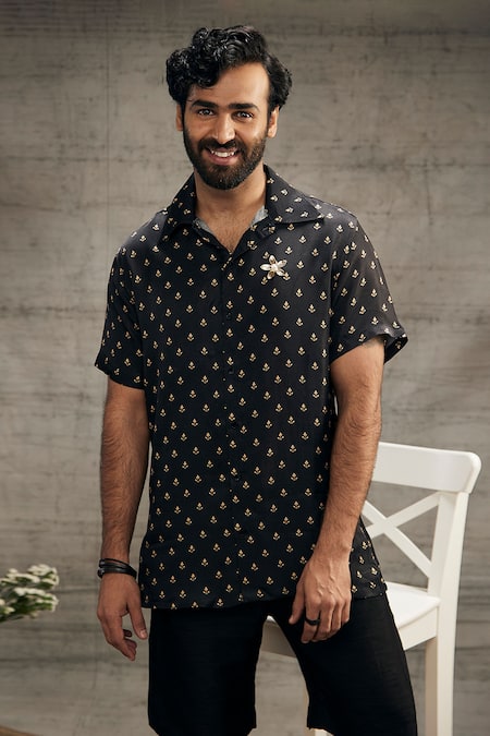 Shop_Soup By Sougat Paul_Black Twill Embroidery Zahra Motif Print Shirt With Shorts _Online_at_Aza_Fashions