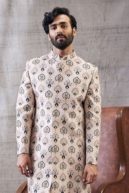 Soup By Sougat Paul_Beige Silk, Muslin Embroidery Sarouk Feather Motif Print Sherwani Set _Online_at_Aza_Fashions