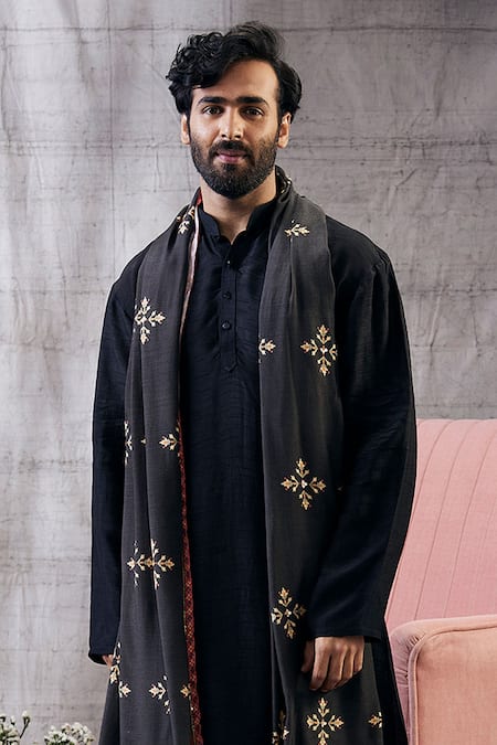 Soup By Sougat Paul_Black Muslin Embroidery Zahra Kurta And Dhoti Pant Set With Shawl _Online_at_Aza_Fashions