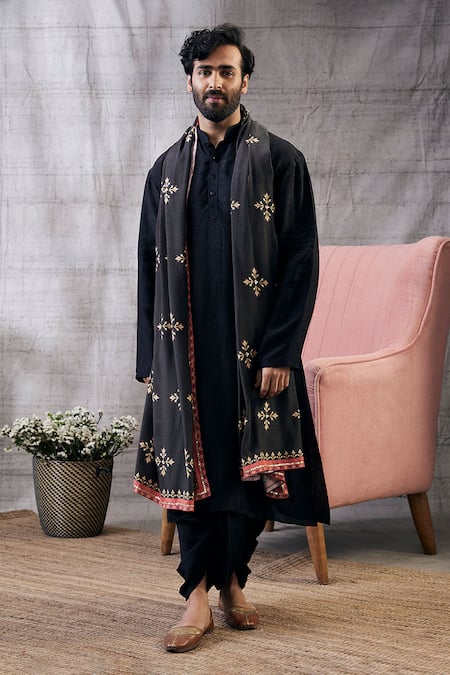 Buy_Soup By Sougat Paul_Black Muslin Embroidery Zahra Kurta And Dhoti Pant Set With Shawl _Online_at_Aza_Fashions