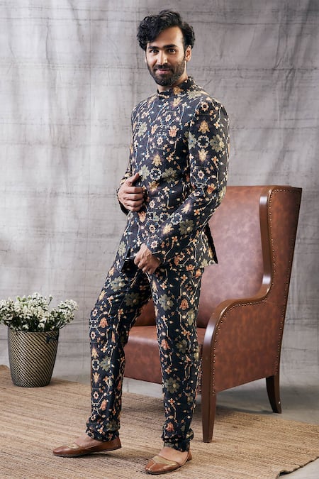 Buy_Soup By Sougat Paul_Black Jacquard, Silk Zahra Geometric Mandala Print Bandhgala With Pant _Online_at_Aza_Fashions