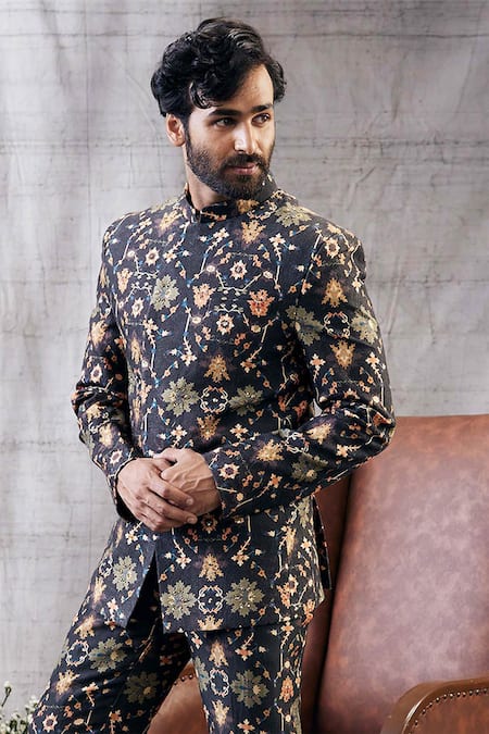 Shop_Soup By Sougat Paul_Black Jacquard, Silk Zahra Geometric Mandala Print Bandhgala With Pant _Online_at_Aza_Fashions