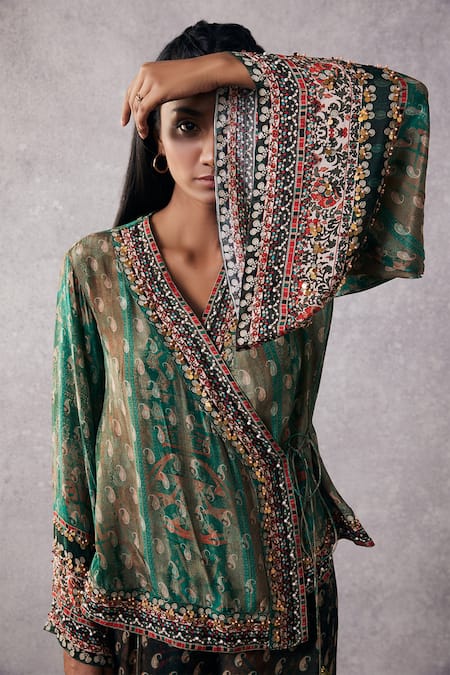 Soup By Sougat Paul_Green Crepe Embroidery, Tassels V-neck Ikaya Angrakha And Palazzo Set _Online_at_Aza_Fashions