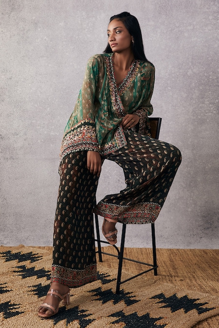 Buy_Soup By Sougat Paul_Multi Color Crepe Embroidery V-neck Ikaya Angrakha And Palazzo Set _Online_at_Aza_Fashions