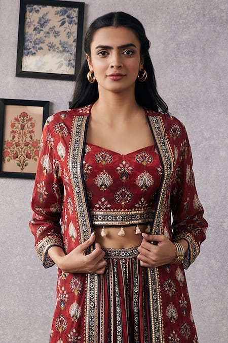 Soup By Sougat Paul_Red Chiffon, Crepe Sequins, Tassels, Embroidery Sarouk Jacket And Flared Pant Set _Online_at_Aza_Fashions