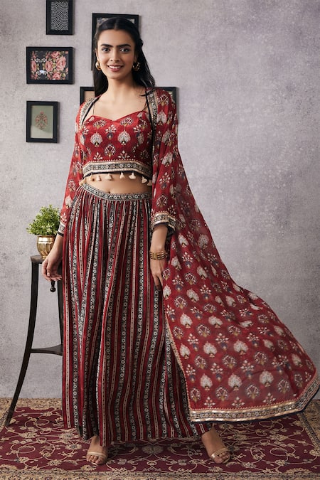 Buy_Soup By Sougat Paul_Red Chiffon, Crepe Sequins, Tassels, Embroidery Sarouk Jacket And Flared Pant Set _Online_at_Aza_Fashions