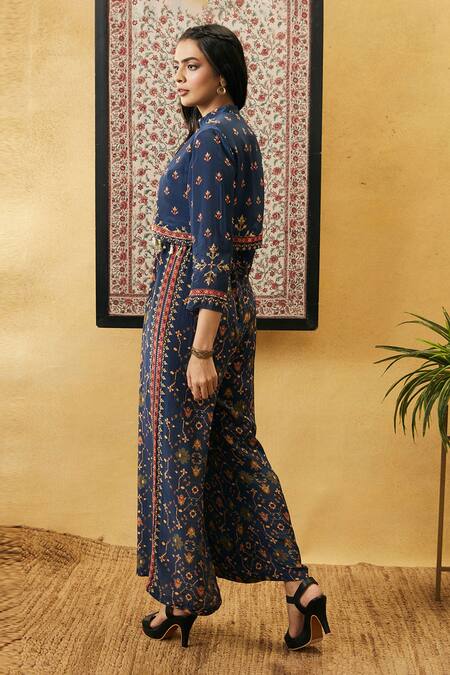 Buy_Soup By Sougat Paul_Blue Crepe Embroidery, Tassels Mandarin Zahra Printed Jumpsuit With Jacket _Online_at_Aza_Fashions