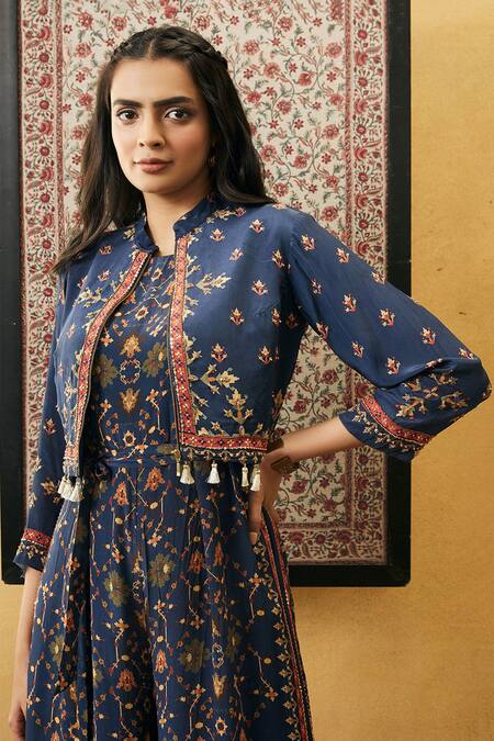 Shop_Soup By Sougat Paul_Blue Crepe Embroidery, Tassels Mandarin Zahra Printed Jumpsuit With Jacket _Online_at_Aza_Fashions