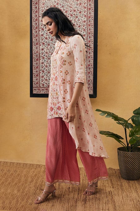 Soup By Sougat Paul_Cream Crepe Embroidery, Sequins Round Neck Zahra Kurta And Palazzo Set _Online_at_Aza_Fashions