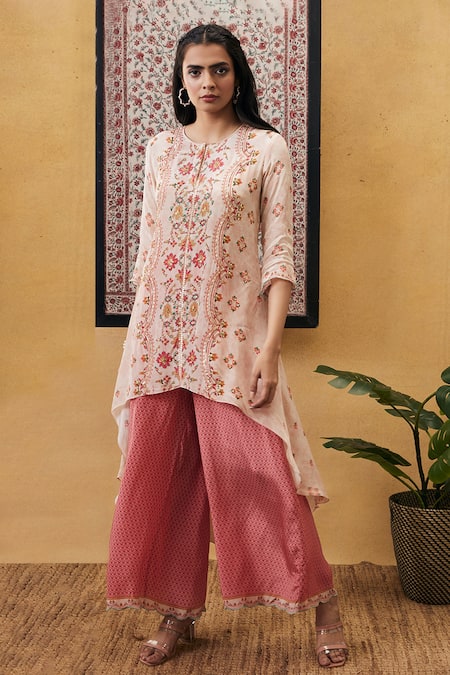 Buy_Soup By Sougat Paul_Cream Crepe Embroidery, Sequins Round Neck Zahra Kurta And Palazzo Set _Online_at_Aza_Fashions