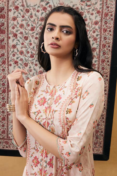 Shop_Soup By Sougat Paul_Cream Crepe Embroidery, Sequins Round Neck Zahra Kurta And Palazzo Set _Online_at_Aza_Fashions