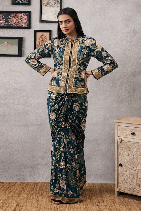 Soup By Sougat Paul_Green Crepe, Maheshwari, Silk Embroidery Mehr Jacket And Draped Skirt Set _Online_at_Aza_Fashions