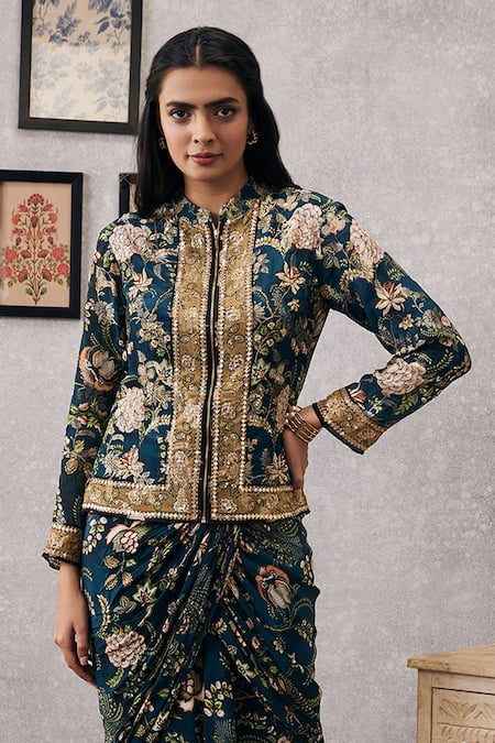 Buy_Soup By Sougat Paul_Green Crepe, Maheshwari, Silk Embroidery Mehr Jacket And Draped Skirt Set _Online_at_Aza_Fashions