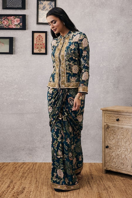Shop_Soup By Sougat Paul_Green Crepe, Maheshwari, Silk Embroidery Mehr Jacket And Draped Skirt Set _Online_at_Aza_Fashions