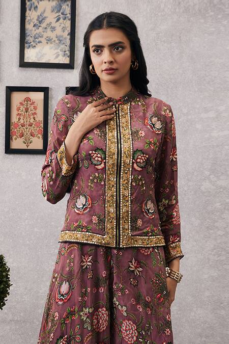 Soup By Sougat Paul_Pink Crepe, Silk Embroidery Mandarin Mehr Tropical Jacket And Flared Pant Set _Online_at_Aza_Fashions