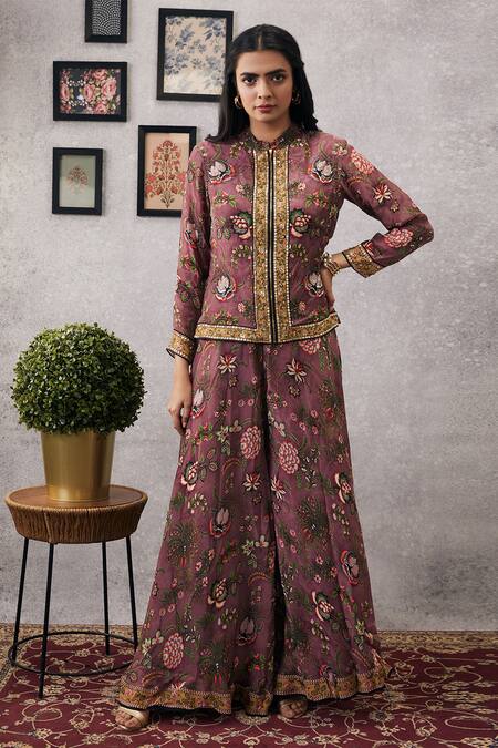 Buy_Soup By Sougat Paul_Pink Crepe, Silk Embroidery Mandarin Mehr Tropical Jacket And Flared Pant Set _Online_at_Aza_Fashions