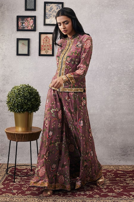 Shop_Soup By Sougat Paul_Pink Crepe, Silk Embroidery Mandarin Mehr Tropical Jacket And Flared Pant Set _Online_at_Aza_Fashions