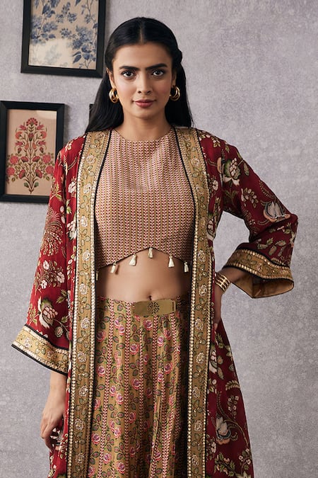 Soup By Sougat Paul_Beige Crepe, Silk Tassels, Sequins, Embroidery Round Floral Jacket And Lehenga _Online_at_Aza_Fashions