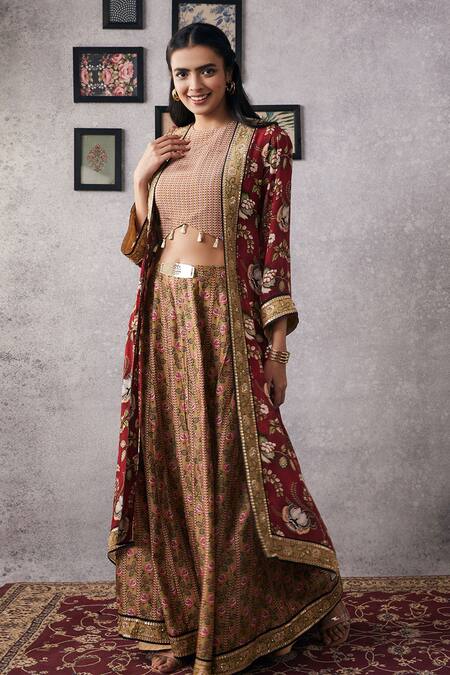 Buy_Soup By Sougat Paul_Beige Crepe, Silk Tassels, Sequins, Embroidery Round Floral Jacket And Lehenga _Online_at_Aza_Fashions