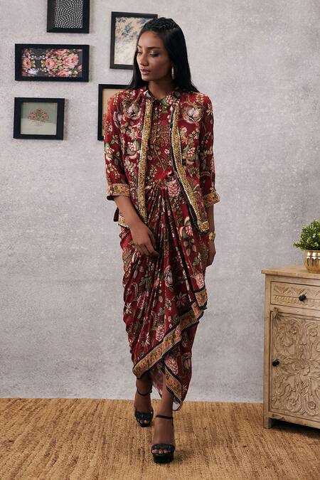Soup By Sougat Paul_Red Crepe, Maheshwari, Silk Embroidery Mehr Printed Draped Dress With Jacket _Online_at_Aza_Fashions