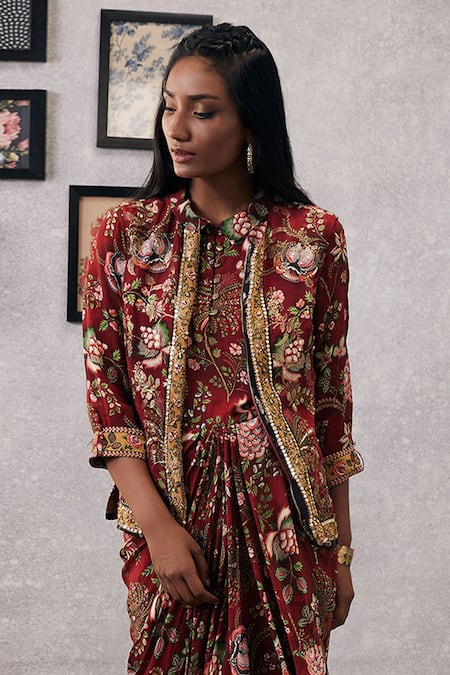 Buy_Soup By Sougat Paul_Red Crepe, Maheshwari, Silk Embroidery Mehr Printed Draped Dress With Jacket _Online_at_Aza_Fashions