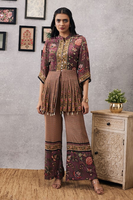 Soup By Sougat Paul_Pink Crepe Embroidery, Sequins Mehr Blossom Print Peplum Kurta And Palazzo Set _Online_at_Aza_Fashions