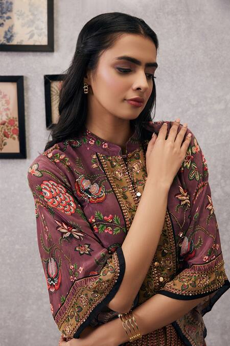 Buy_Soup By Sougat Paul_Pink Crepe Embroidery, Sequins Mehr Blossom Print Peplum Kurta And Palazzo Set _Online_at_Aza_Fashions