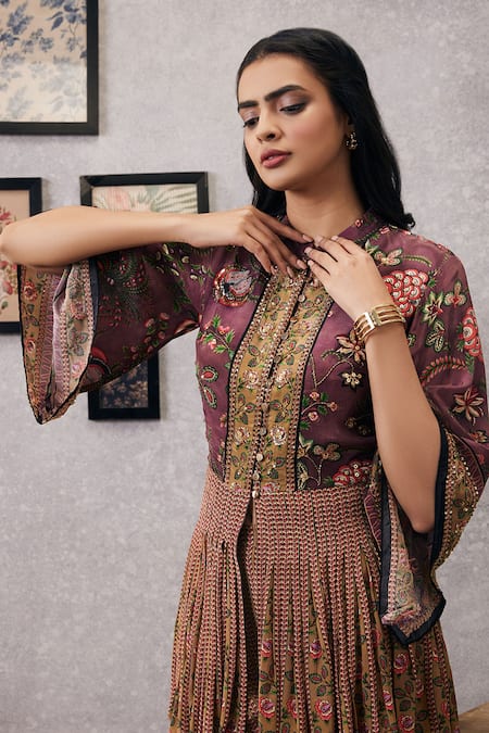 Shop_Soup By Sougat Paul_Pink Crepe Embroidery, Sequins Mehr Blossom Print Peplum Kurta And Palazzo Set _Online_at_Aza_Fashions