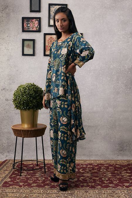 Soup By Sougat Paul_Green Crepe Embroidery Round Neck Mehr Garden Print Kurta And Flared Pant Set _Online_at_Aza_Fashions