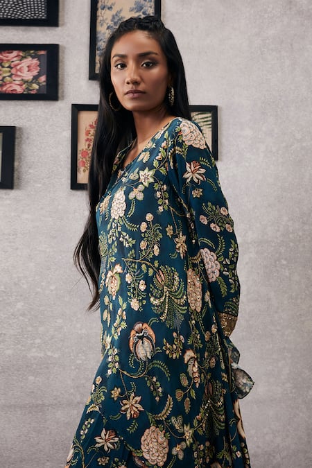 Buy_Soup By Sougat Paul_Green Crepe Embroidery Round Neck Mehr Garden Print Kurta And Flared Pant Set _Online_at_Aza_Fashions