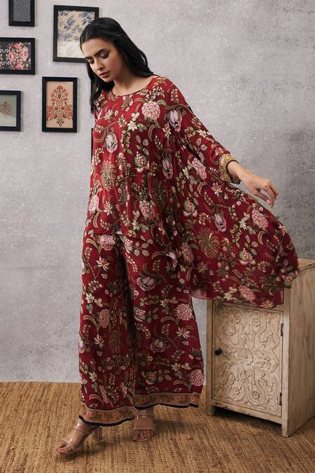 Soup By Sougat Paul_Red Crepe Embroidery Round Neck Mehr Floristry Print Kurta And Flared Pant Set _Online_at_Aza_Fashions