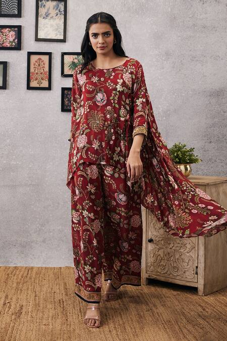 Buy_Soup By Sougat Paul_Red Crepe Embroidery Round Neck Mehr Floristry Print Kurta And Flared Pant Set _Online_at_Aza_Fashions