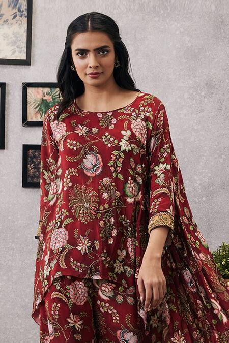 Shop_Soup By Sougat Paul_Red Crepe Embroidery Round Neck Mehr Floristry Print Kurta And Flared Pant Set _Online_at_Aza_Fashions