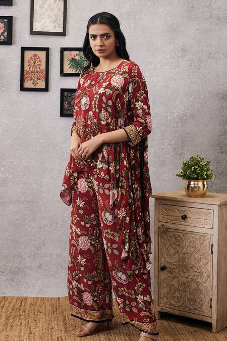 Soup By Sougat Paul_Red Crepe Embroidery Round Neck Mehr Floristry Print Kurta And Flared Pant Set _at_Aza_Fashions