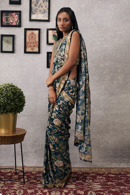 Soup By Sougat Paul_Green Crepe, Brocade Sequins, Mehr Printed Pre-draped Saree With Blouse _Online_at_Aza_Fashions