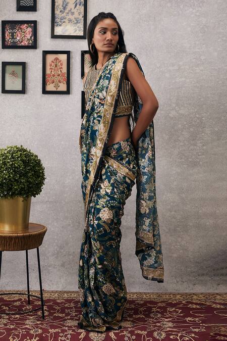 Buy_Soup By Sougat Paul_Green Crepe, Brocade Sequins, Mehr Printed Pre-draped Saree With Blouse _Online_at_Aza_Fashions