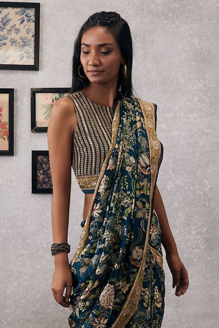 Shop_Soup By Sougat Paul_Green Crepe, Brocade Sequins, Mehr Printed Pre-draped Saree With Blouse _Online_at_Aza_Fashions