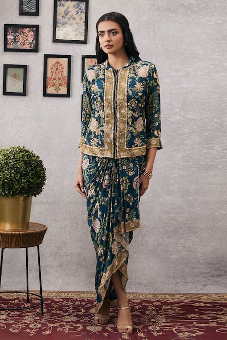 Soup By Sougat Paul_Green Crepe, Brocade Embroidery, Sequins Mehr Floral Print Dress With Jacket _Online_at_Aza_Fashions