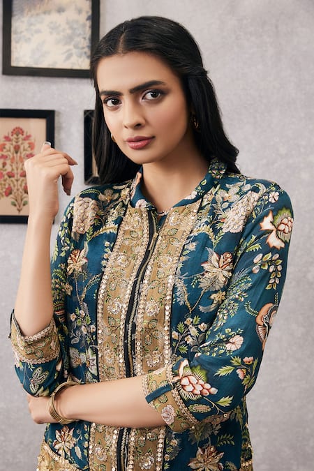 Shop_Soup By Sougat Paul_Green Crepe, Brocade Embroidery, Sequins Mehr Floral Print Dress With Jacket _Online_at_Aza_Fashions