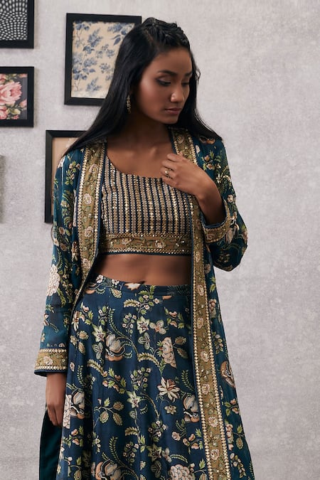 Shop_Soup By Sougat Paul_Green Organza, Silk Embroidery, Sequins Round Mehr Printed Jacket Lehenga Set _Online_at_Aza_Fashions