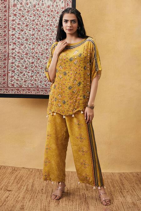 Soup By Sougat Paul_Yellow Crepe Tassels, Embroidery, Sequins Round Neck Zahra Co-ord Set _Online_at_Aza_Fashions