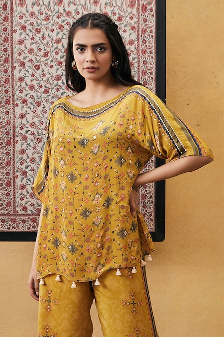Buy_Soup By Sougat Paul_Yellow Crepe Tassels, Embroidery, Sequins Round Neck Zahra Co-ord Set _Online_at_Aza_Fashions