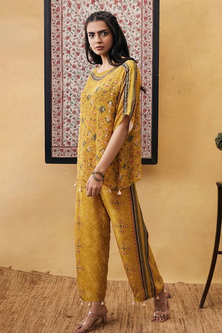 Shop_Soup By Sougat Paul_Yellow Crepe Tassels, Embroidery, Sequins Round Neck Zahra Co-ord Set _Online_at_Aza_Fashions